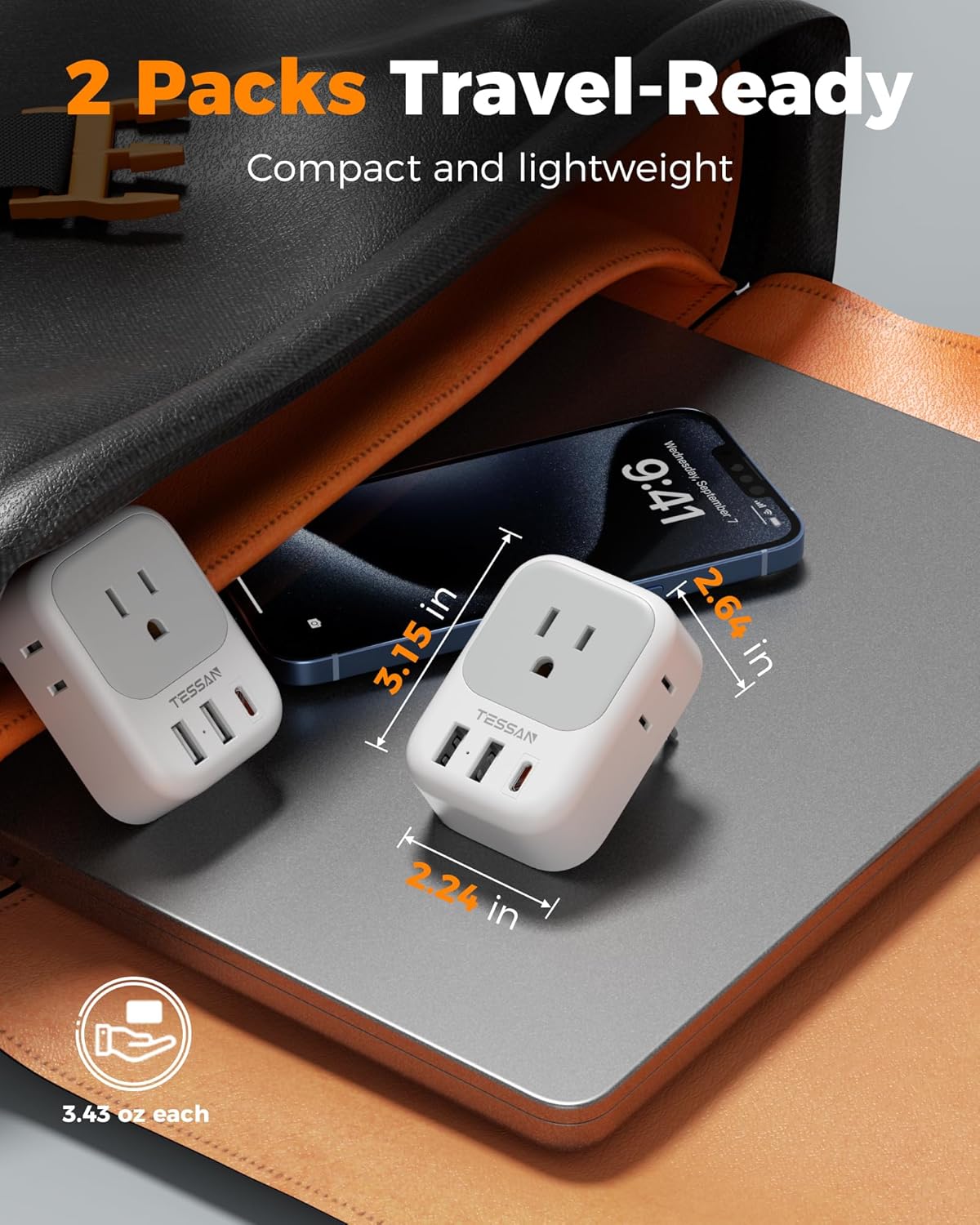 TESSAN 2 Pack European Travel Plug Adapter 4 Outlets 3 USB - Size reference