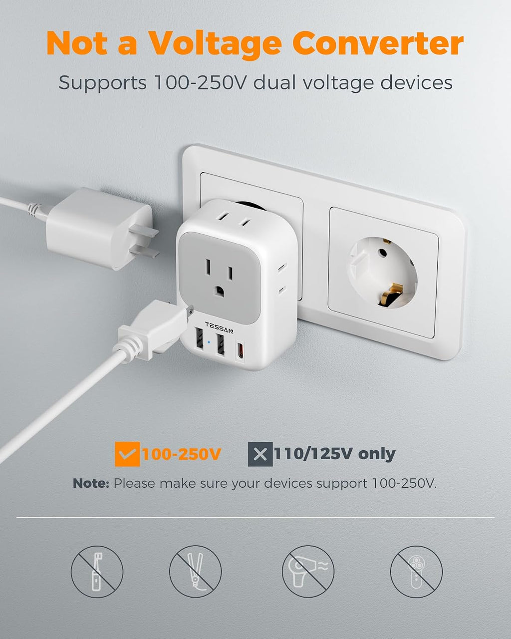 TESSAN 2 Pack European Travel Plug Adapter 4 Outlets 3 USB - In use