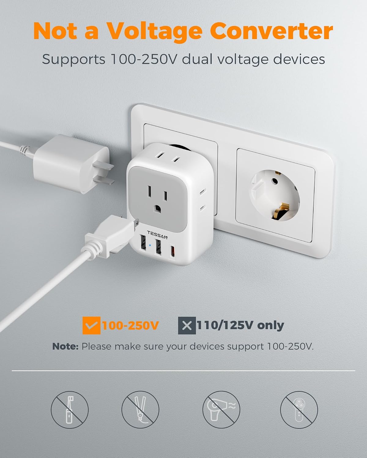 TESSAN 2 Pack European Travel Plug Adapter 4 Outlets 3 USB - In use