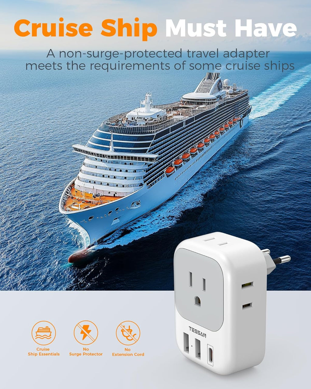 TESSAN 2 Pack European Travel Plug Adapter 4 Outlets 3 USB - Packaging