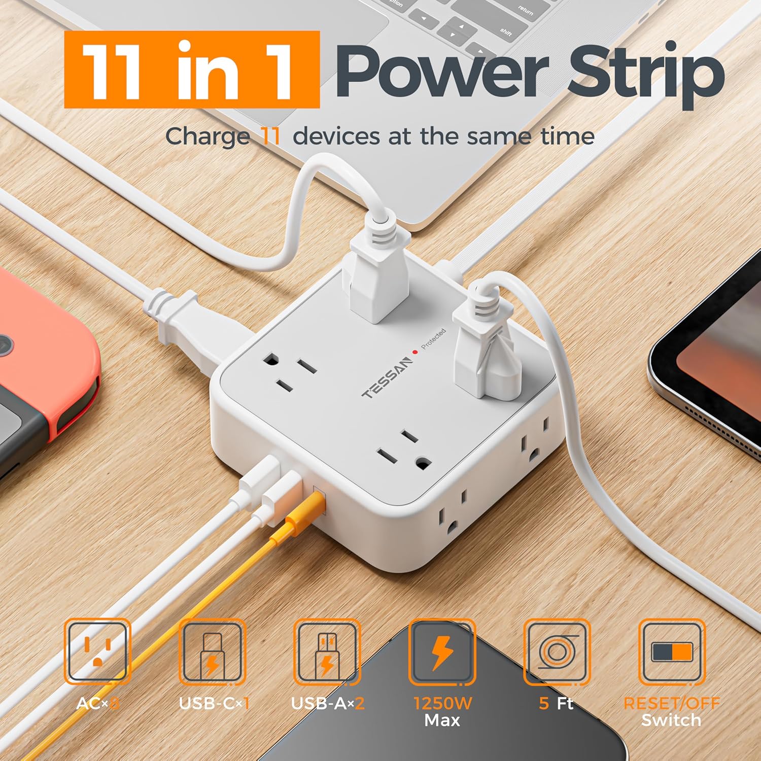 TESSAN Surge Protector Power Strip 8 Outlets 3 USB - Detail view