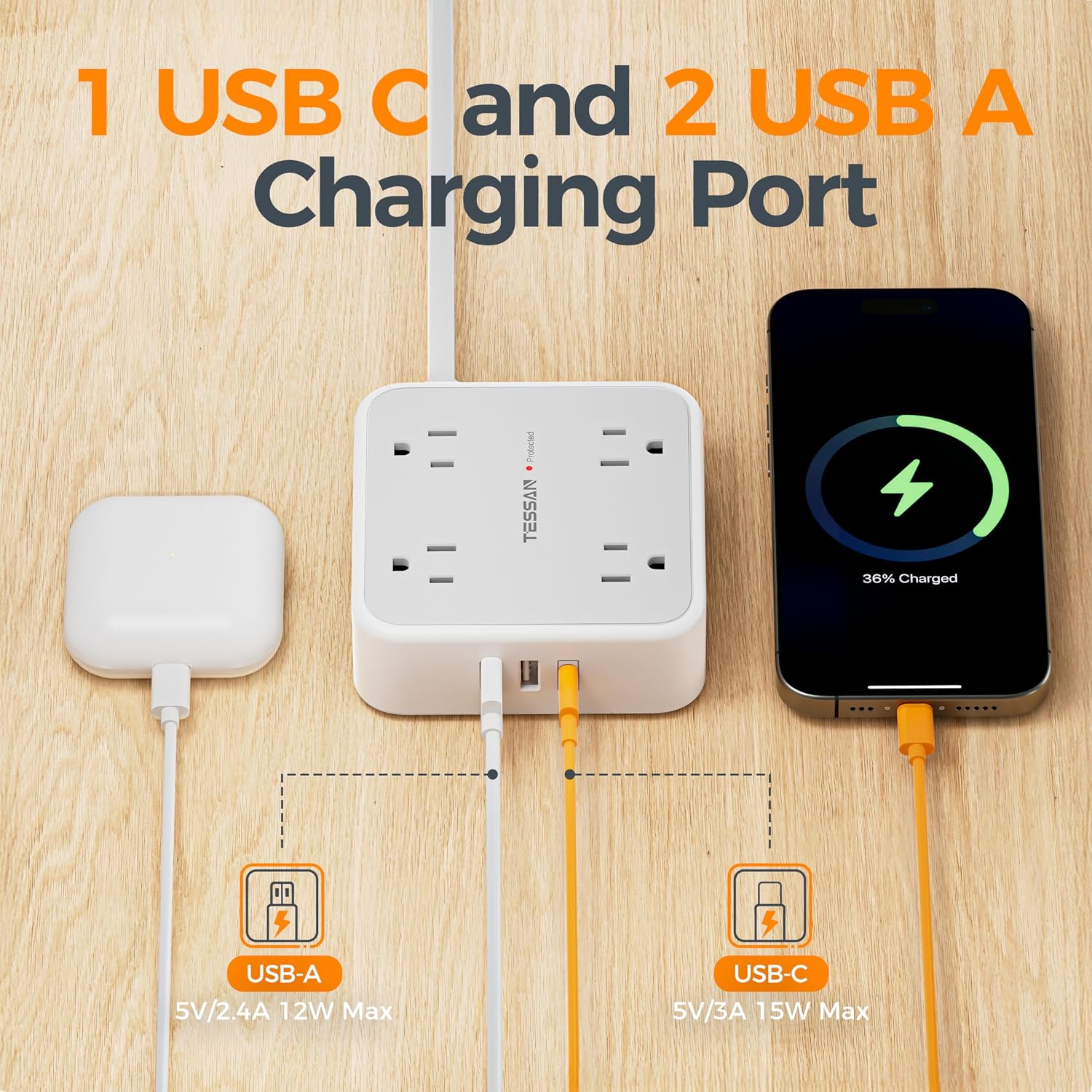 TESSAN Surge Protector Power Strip 8 Outlets 3 USB - Close-up