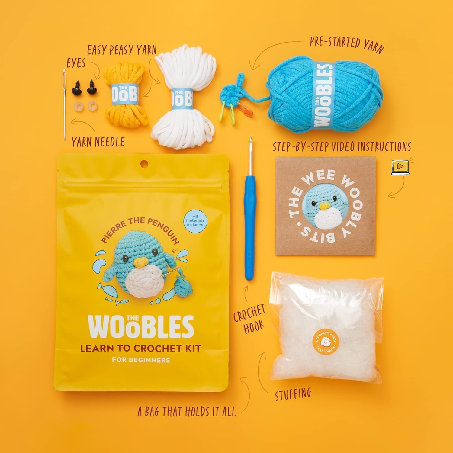 The Woobles Crochet Kit for Beginners, Pierre Penguin - Alternate angle