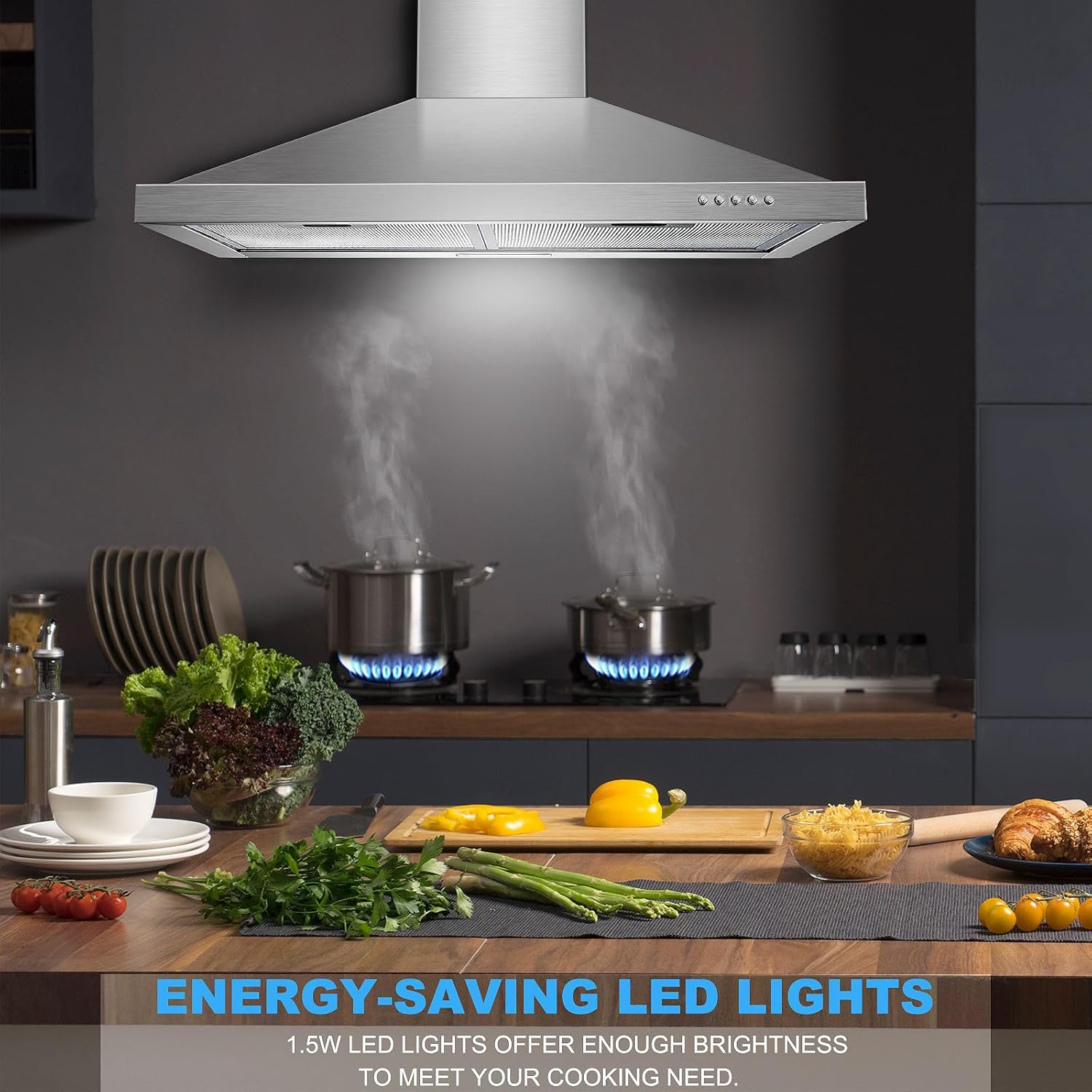 Tieasy 30 Inch Wall Mount Range Hood, 450 CFM - In use
