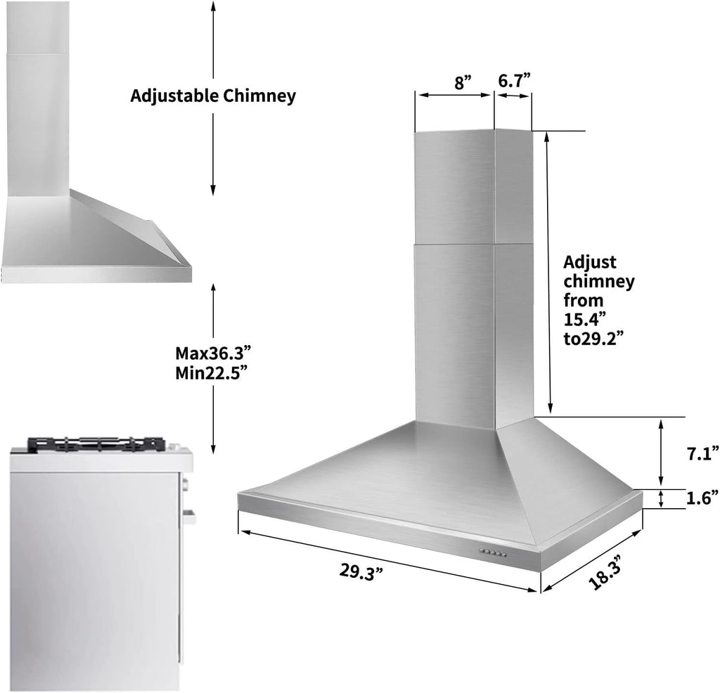 Tieasy 30 Inch Wall Mount Range Hood, 450 CFM - Packaging