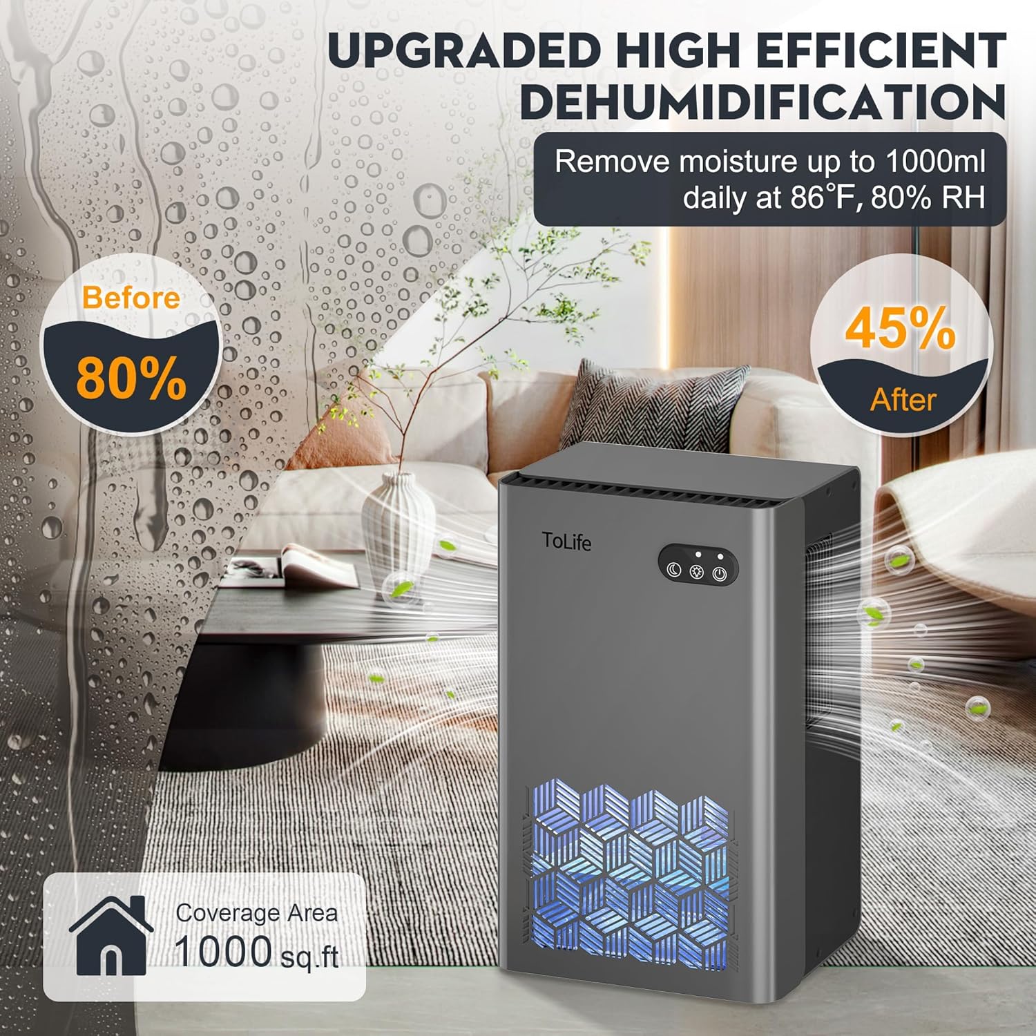 ToLife Dehumidifier, 1000 sq ft, 95oz Tank - Detail view