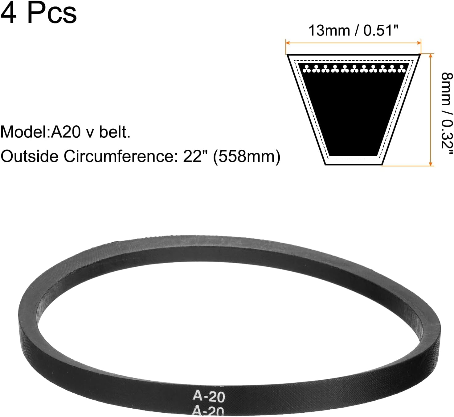 uxcell A20 V-Belt, 4 Pack, 20 Inch - Detail view