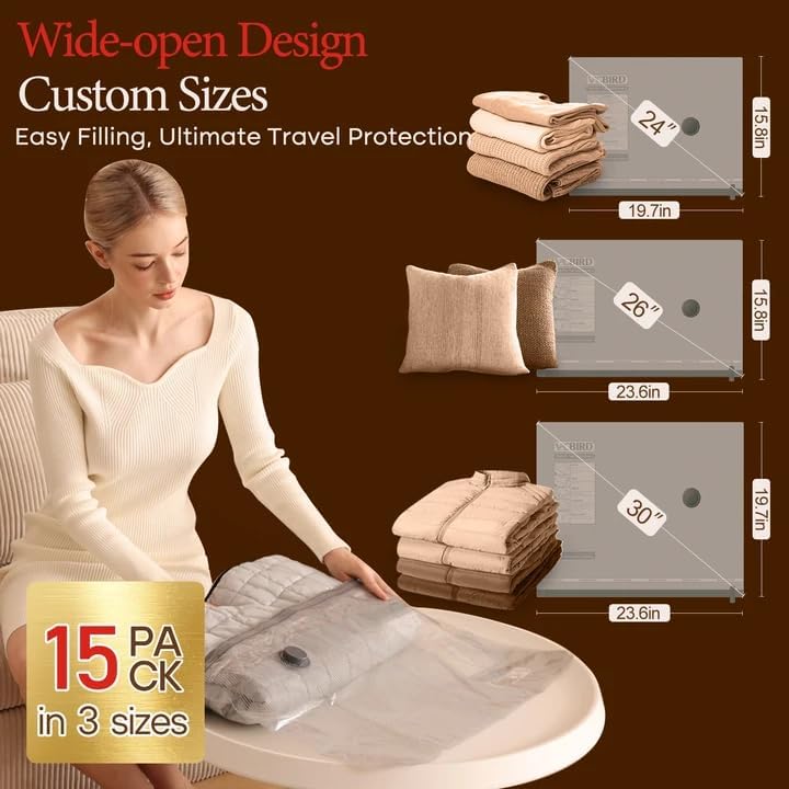 Vacbird Vacuum Bags for Travel, 15 Pack - Alternate angle