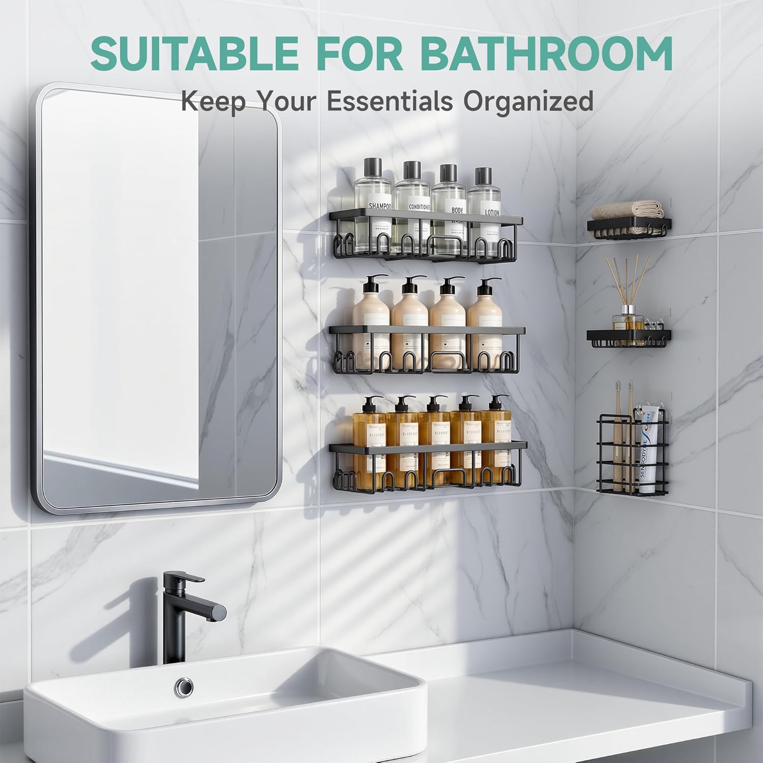Veken Shower Caddy 6-Pack, Rustproof Shelves - Size reference