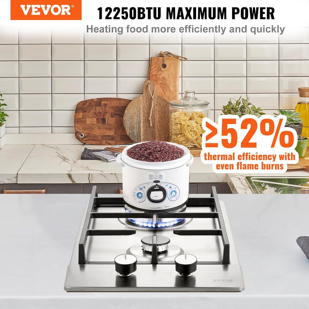 VEVOR 12 In 2 Burner Gas Cooktop, Stainless - Detail view