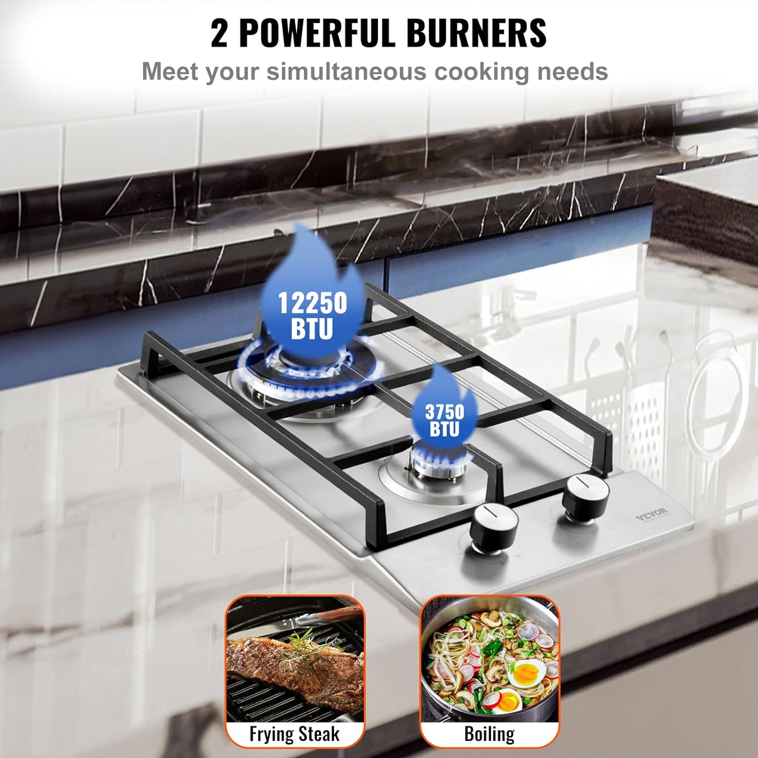 VEVOR 12 In 2 Burner Gas Cooktop, Stainless - Alternate angle