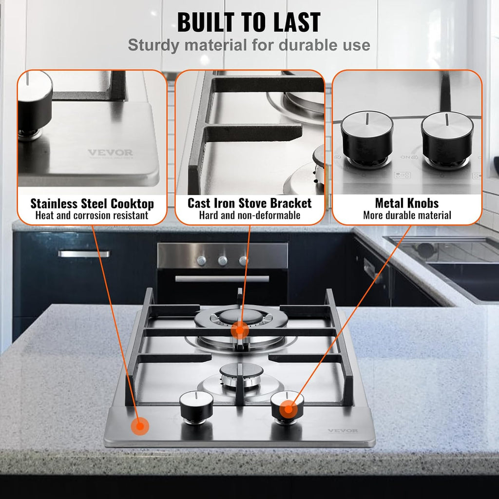 VEVOR 12 In 2 Burner Gas Cooktop, Stainless - Size reference