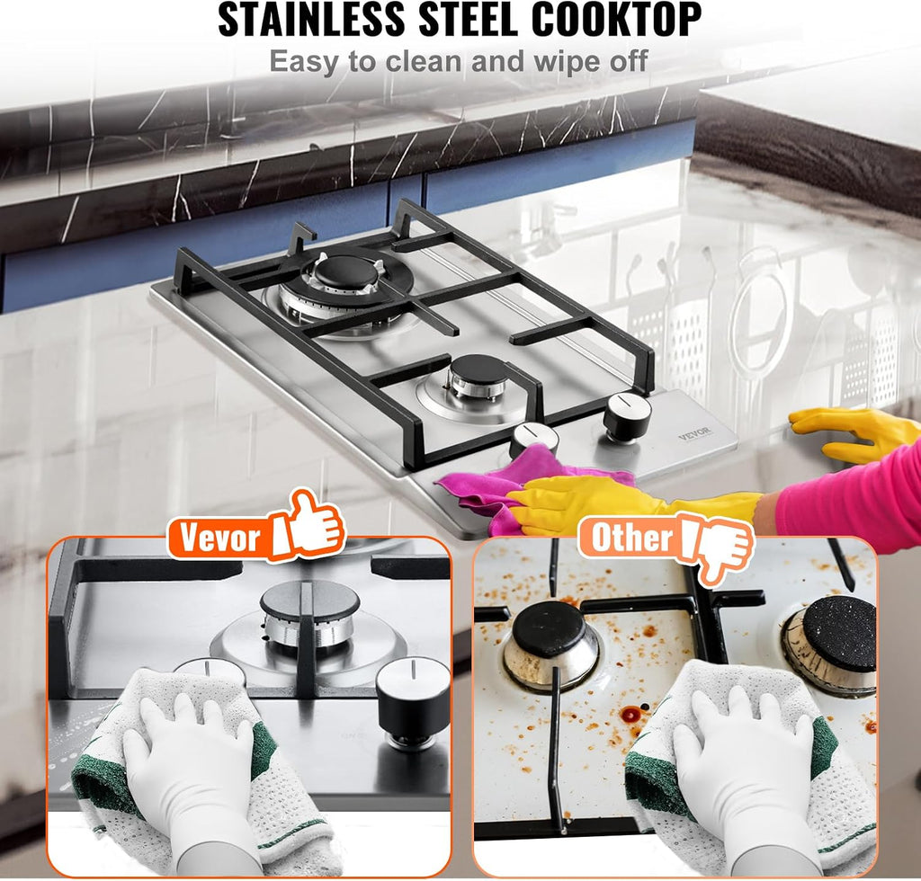 VEVOR 12 In 2 Burner Gas Cooktop, Stainless - In use