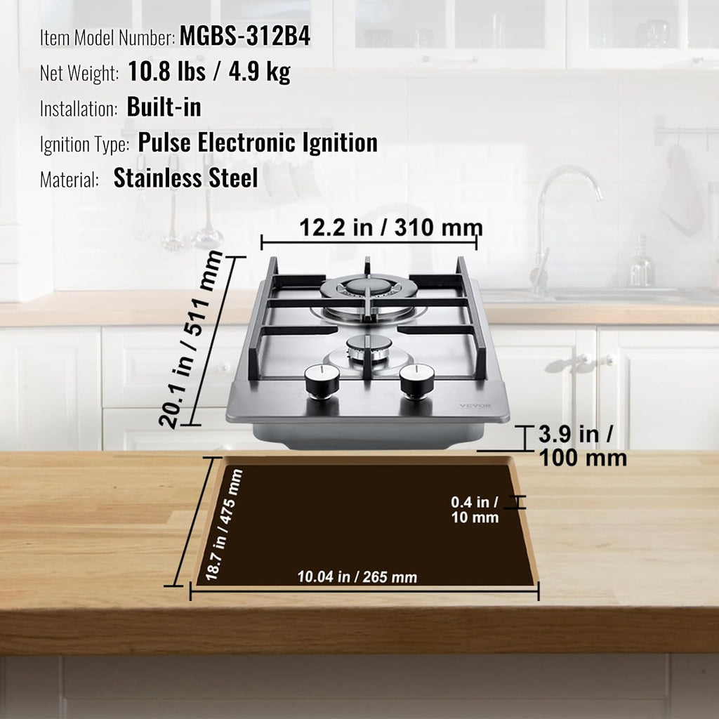 VEVOR 12 In 2 Burner Gas Cooktop, Stainless - Packaging