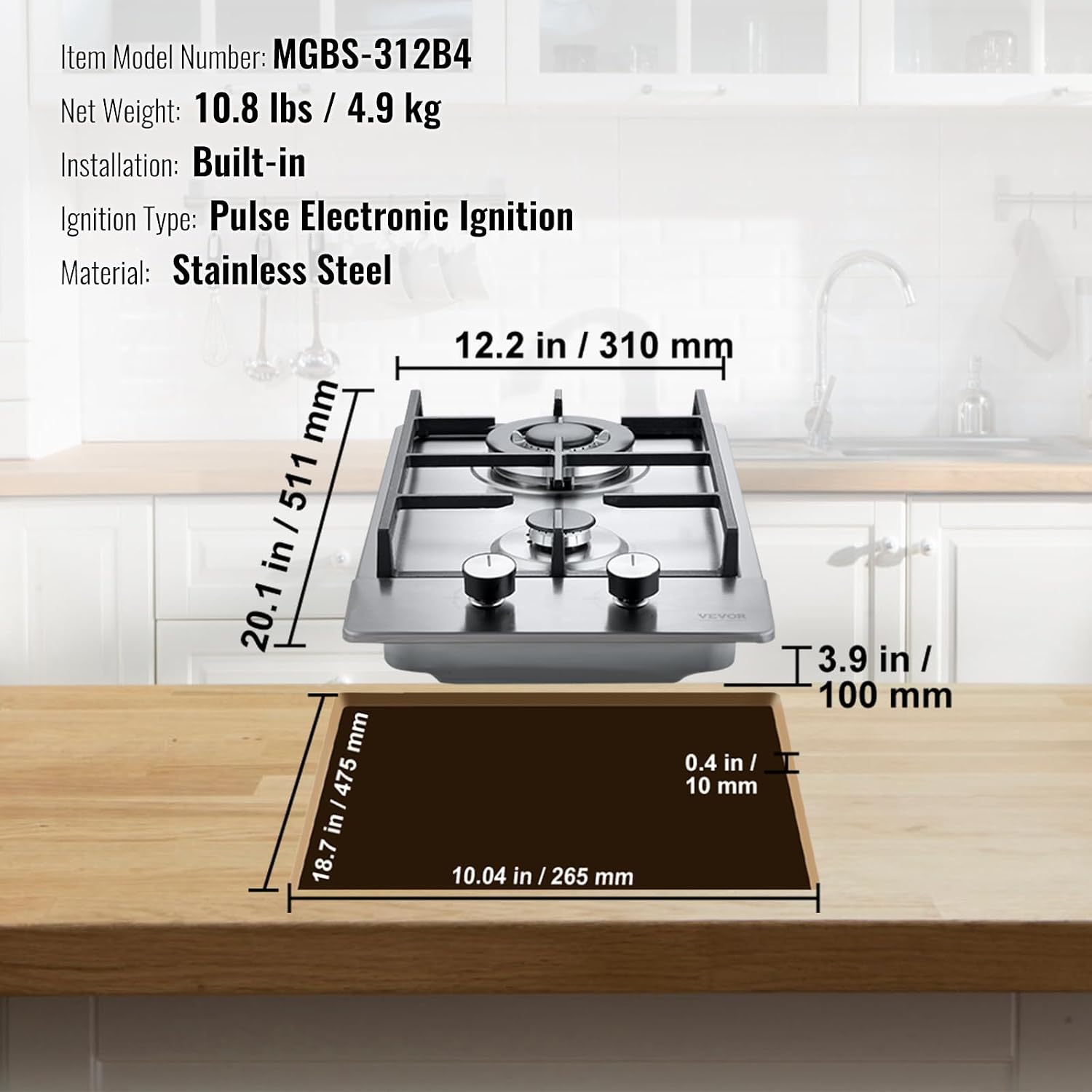 VEVOR 12 In 2 Burner Gas Cooktop, Stainless - Packaging