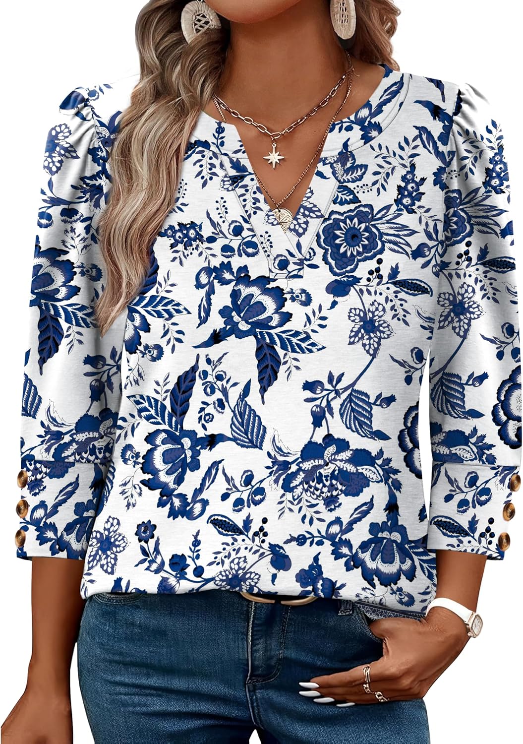 WIHOLL Women's V-Neck 3/4 Sleeve Top - Detail view