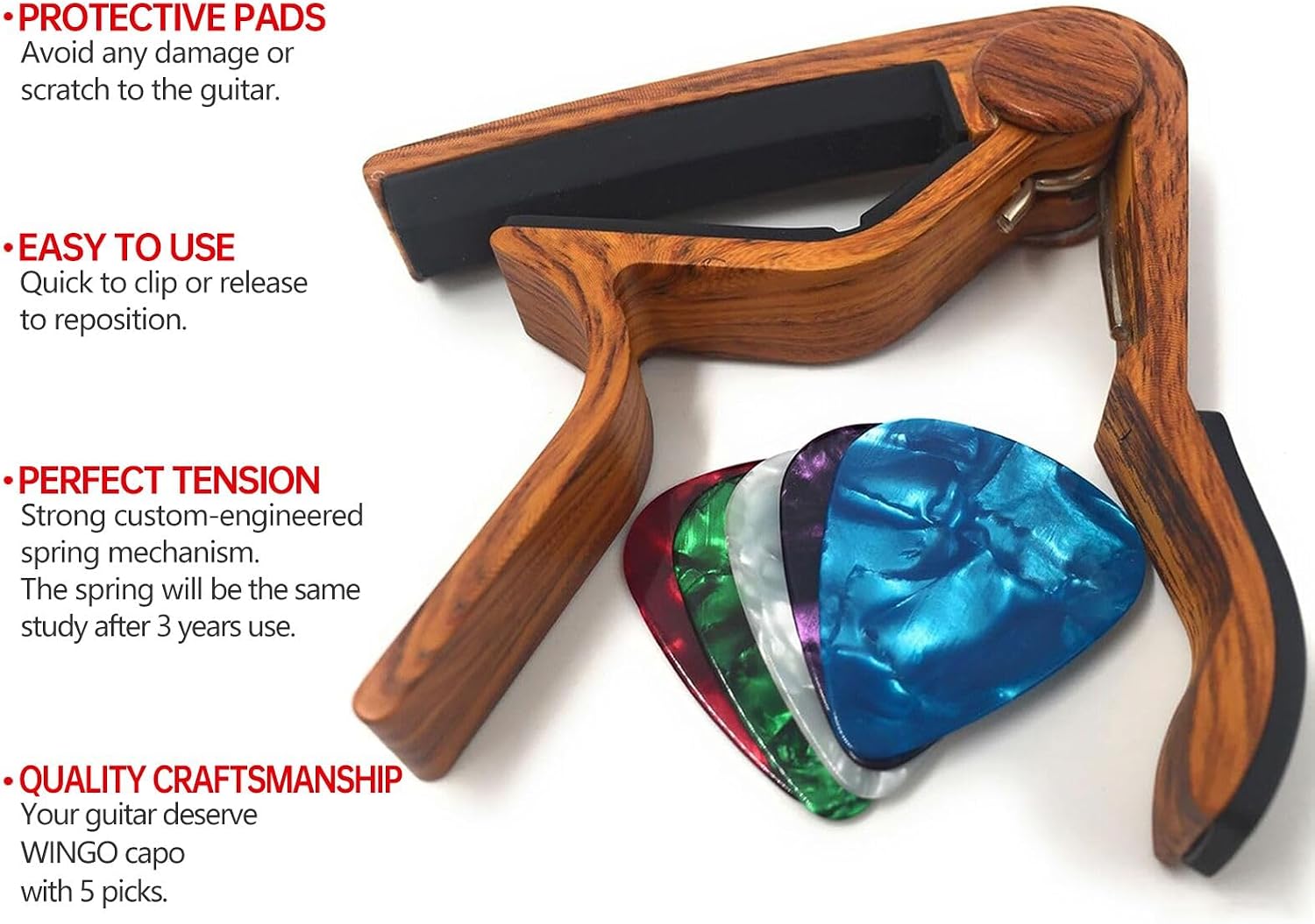 Wingo Guitar Capo with 5 Picks, Rosewood - Alternate angle