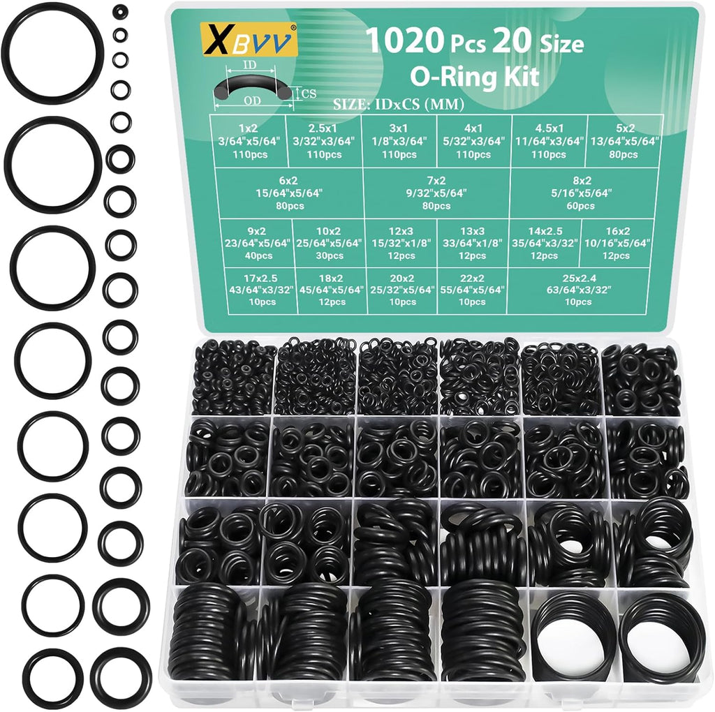 XBVV 1020 Pcs O-Ring Kit, 20 Sizes Nitrile Rubber