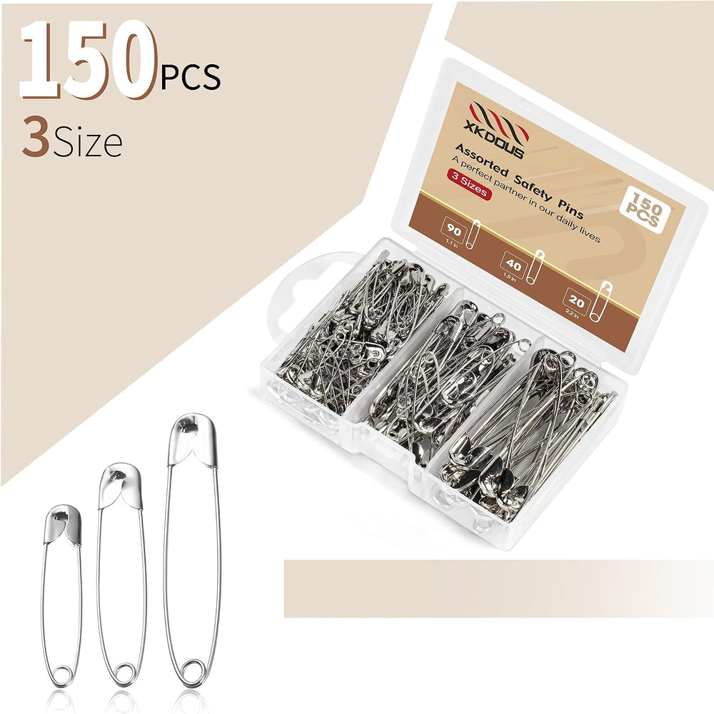 XKDOUS Safety Pins Assorted Sizes, 150 Pack Silver - Alternate angle