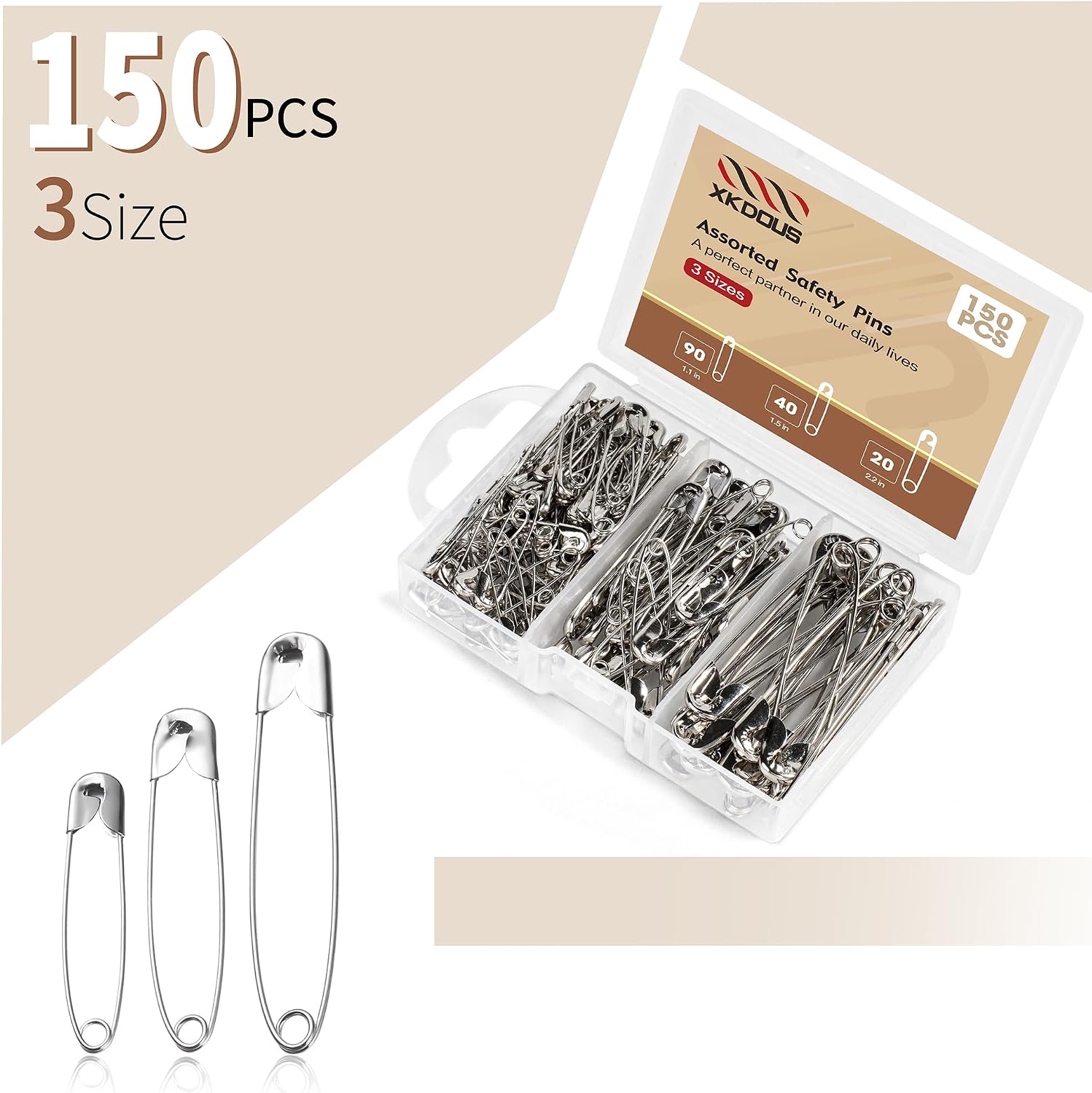XKDOUS Safety Pins Assorted Sizes, 150 Pack Silver - Alternate angle