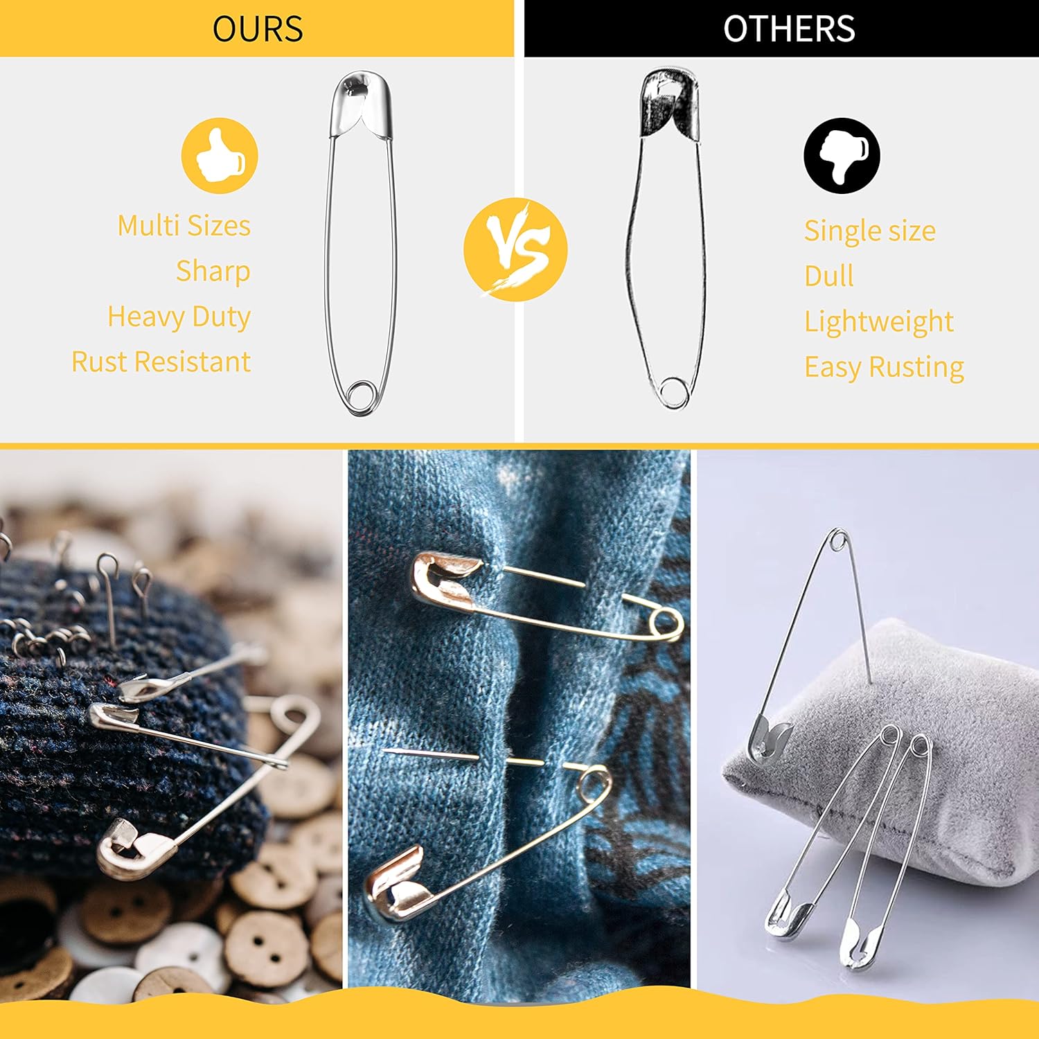 XKDOUS Safety Pins Assorted Sizes, 150 Pack Silver - Size reference