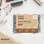 XKDOUS Safety Pins Assorted Sizes, 150 Pack Silver - Packaging