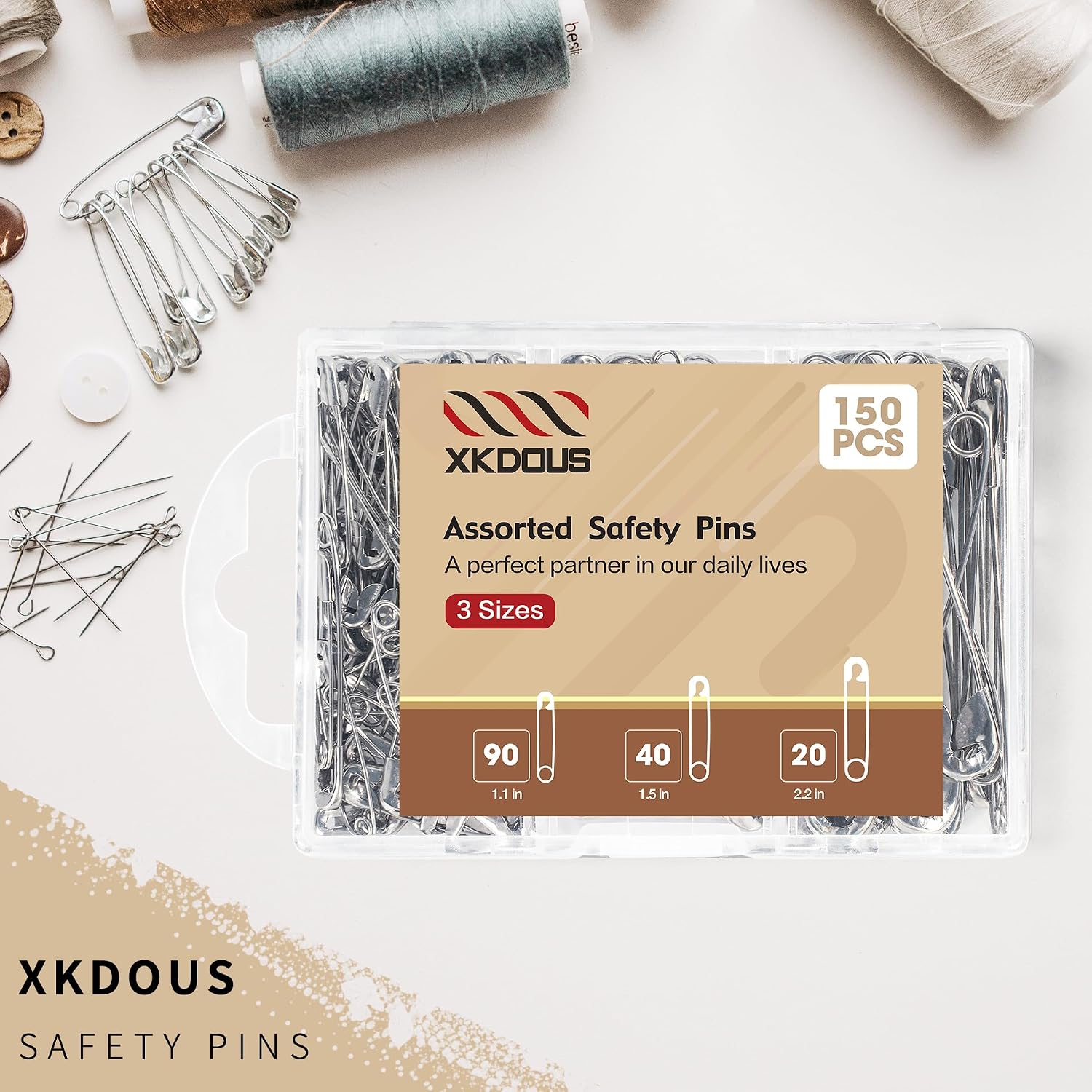 XKDOUS Safety Pins Assorted Sizes, 150 Pack Silver - Packaging