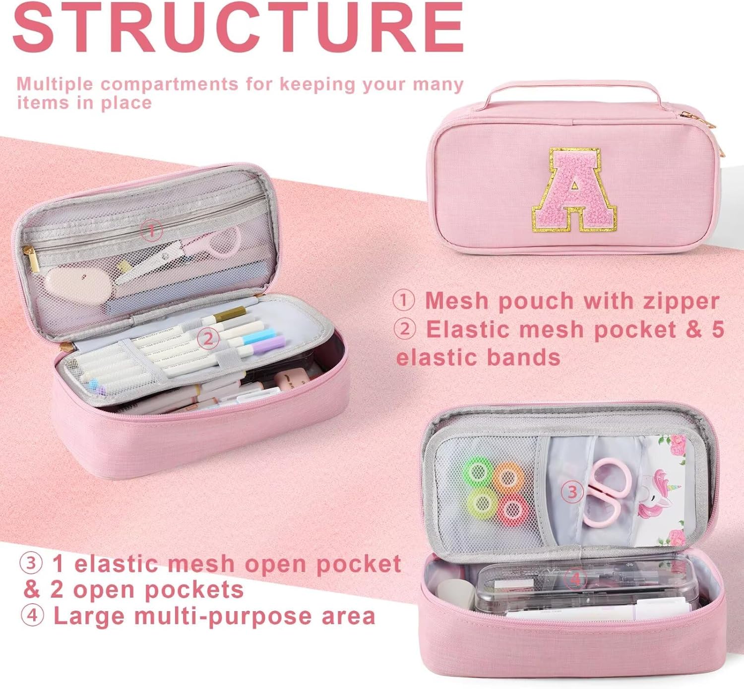 YOOLIFE Pink Pencil Case for Girls Kids - Close-up